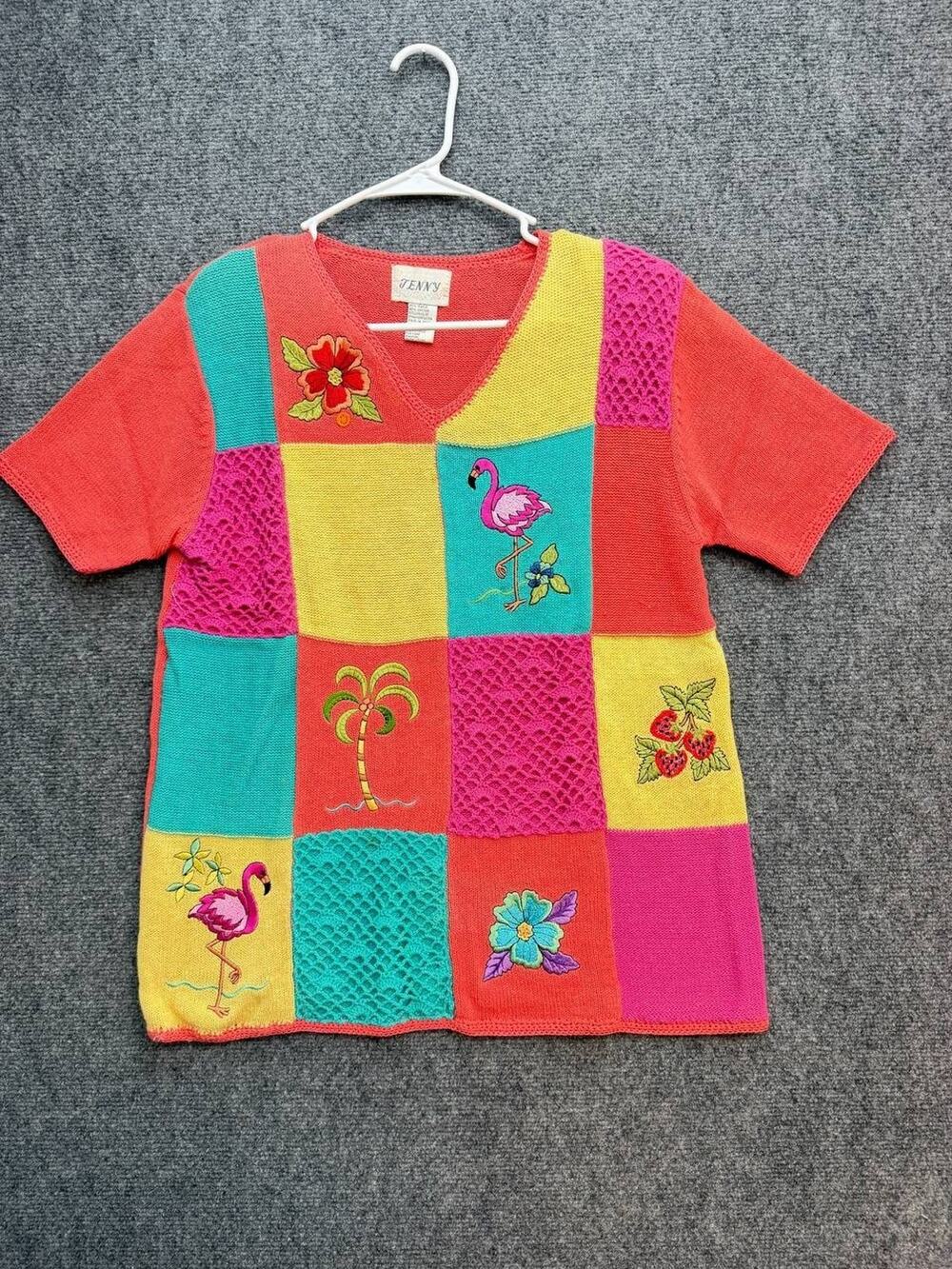 Vintage Jenny Flamingo Tropical Patchwork Knit Sweater Women’s M Ramie Cotton